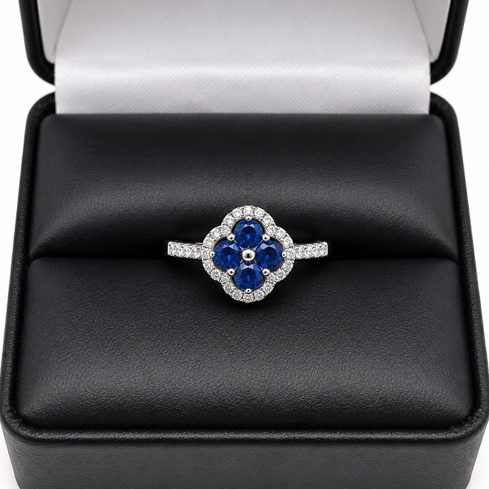 925 Sterling Silver Blue and White Cubic Zirconia Clover Ring Size 7